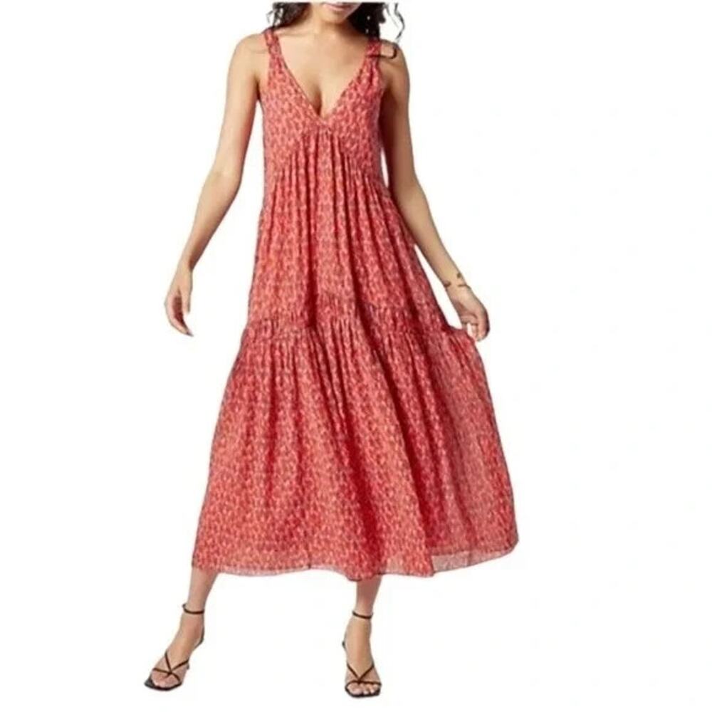 Joie Ikat Print Sleeveless Tiered Maxi Dress Size M Red 100% Cotton Lined Boho